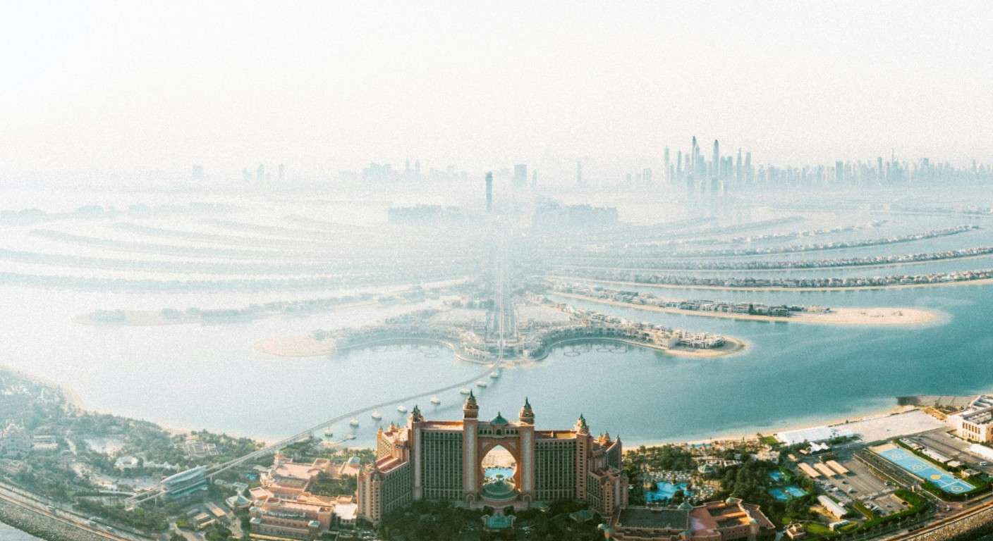 Aerial view of Atlantis The Palm Dubai with Palm Jumeirah coastline and private beach