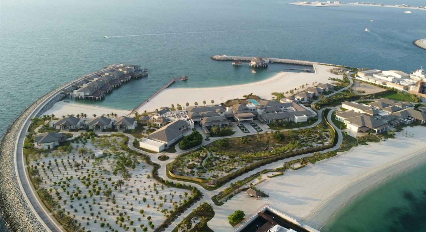 Aerial view of Dubai Islands showing luxury beachfront resorts and private sandy beaches