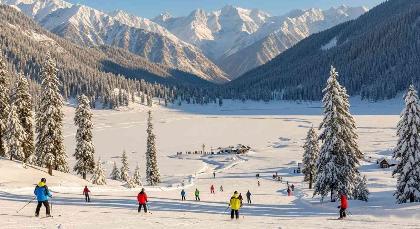 Tourists enjoying skiing in Gulmarg during winter, Kashmir covered in snow