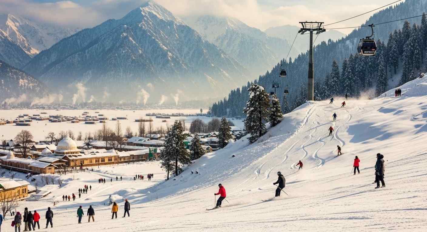 Skiers descending snowy slopes in Gulmarg with cable car and snow-covered Kashmir valley in winter