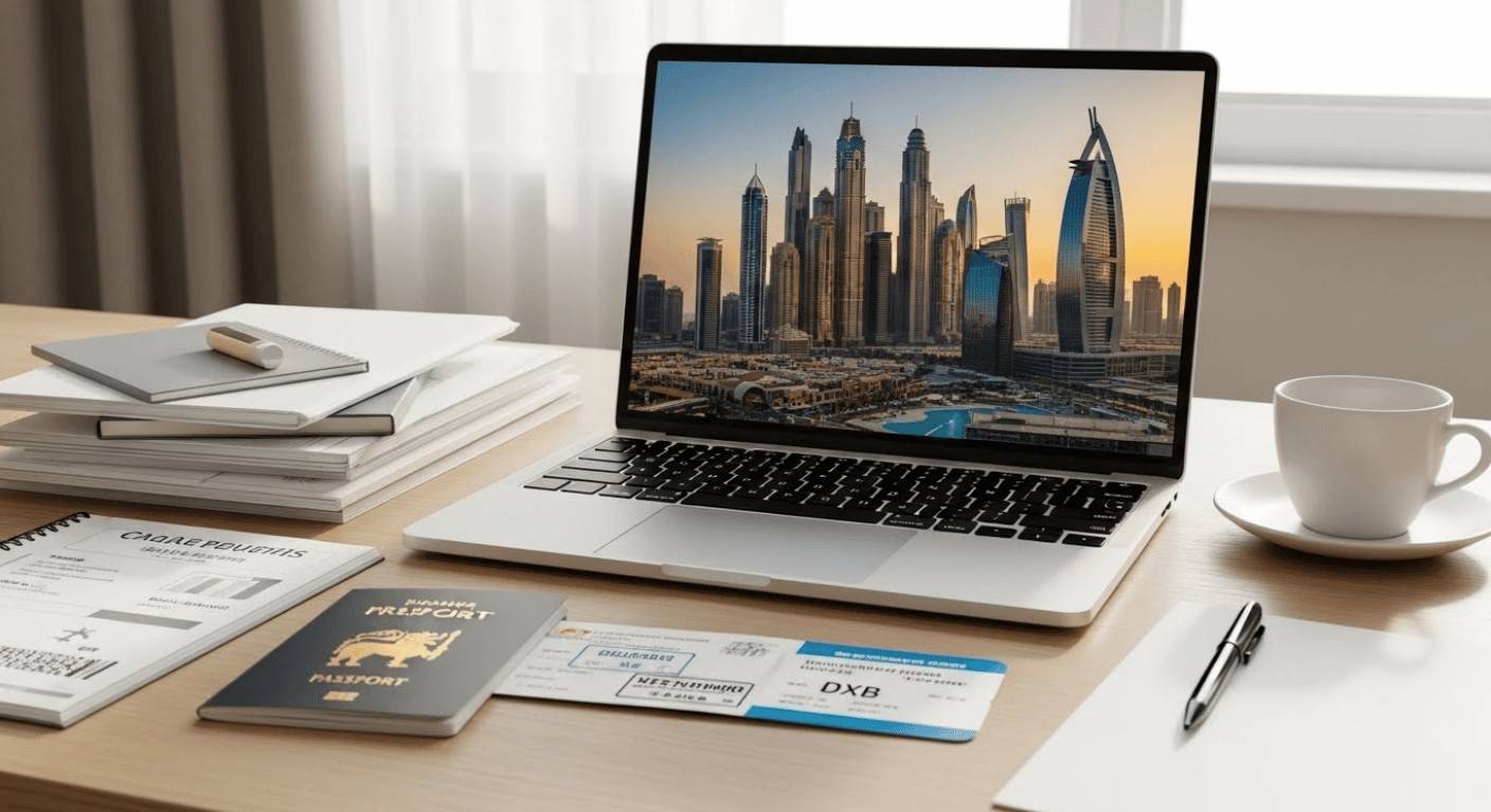 A laptop on a desk displaying a city skyline, with travel documents, a passport, a cup of coffee and office papers arranged neatly around it.