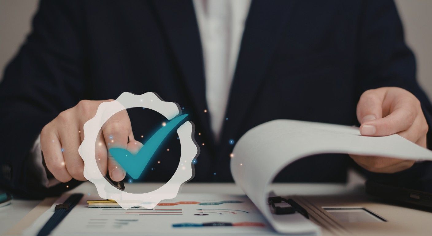 A person in a suit reviewing documents on a desk with a large checkmark graphic overlaid.