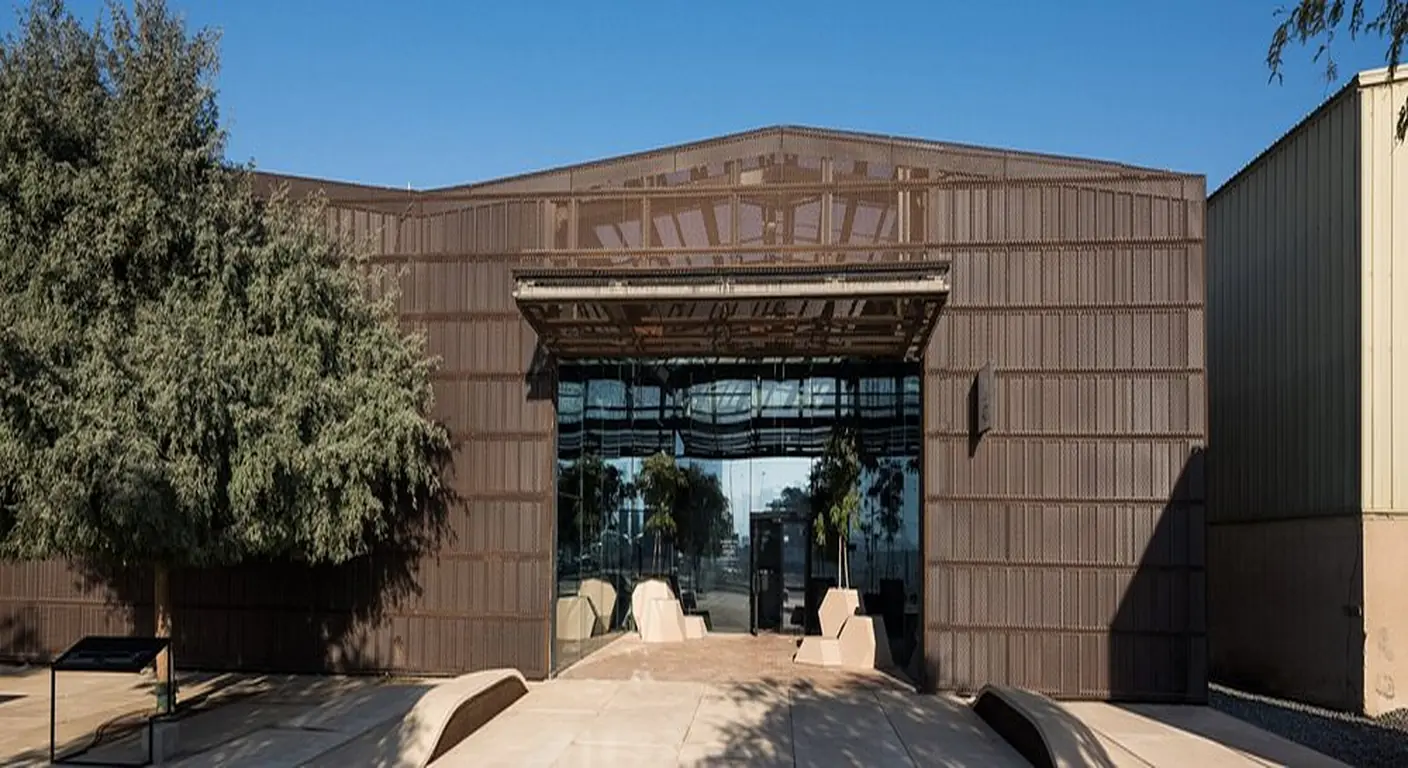 Entrance of Warehouse421 cultural space in Abu Dhabi with modern industrial architecture