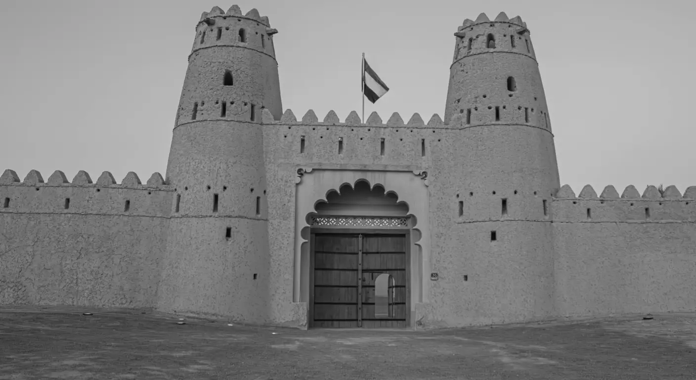 Traditional UAE heritage fort with twin watchtowers and flag at entrance, historic Arabian architecture landmark 