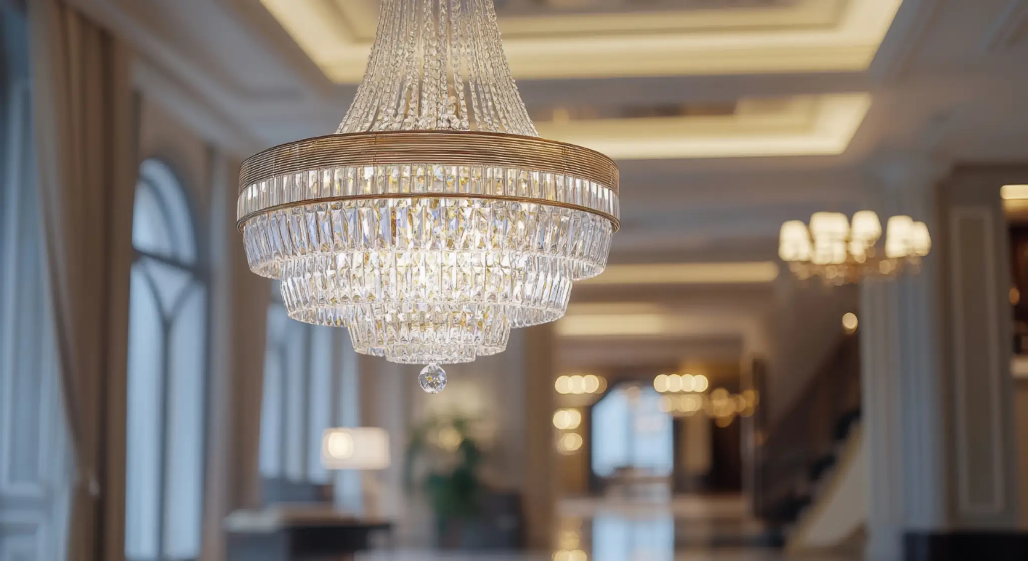 Elegant crystal chandelier inside a luxury hotel lobby with warm ambient lighting and classic interior design.