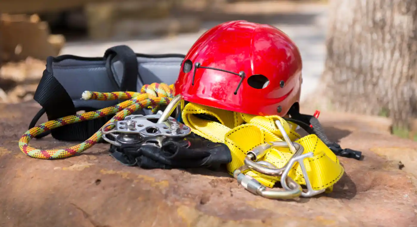 Zipline safety gear including helmet, harness and carabiners — equipment for Jebel Jais zipline adventure UAE 