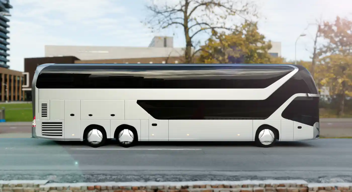 Modern luxury tour coach bus on city road — transport for Dubai to Jebel Jais or UAE day trips 