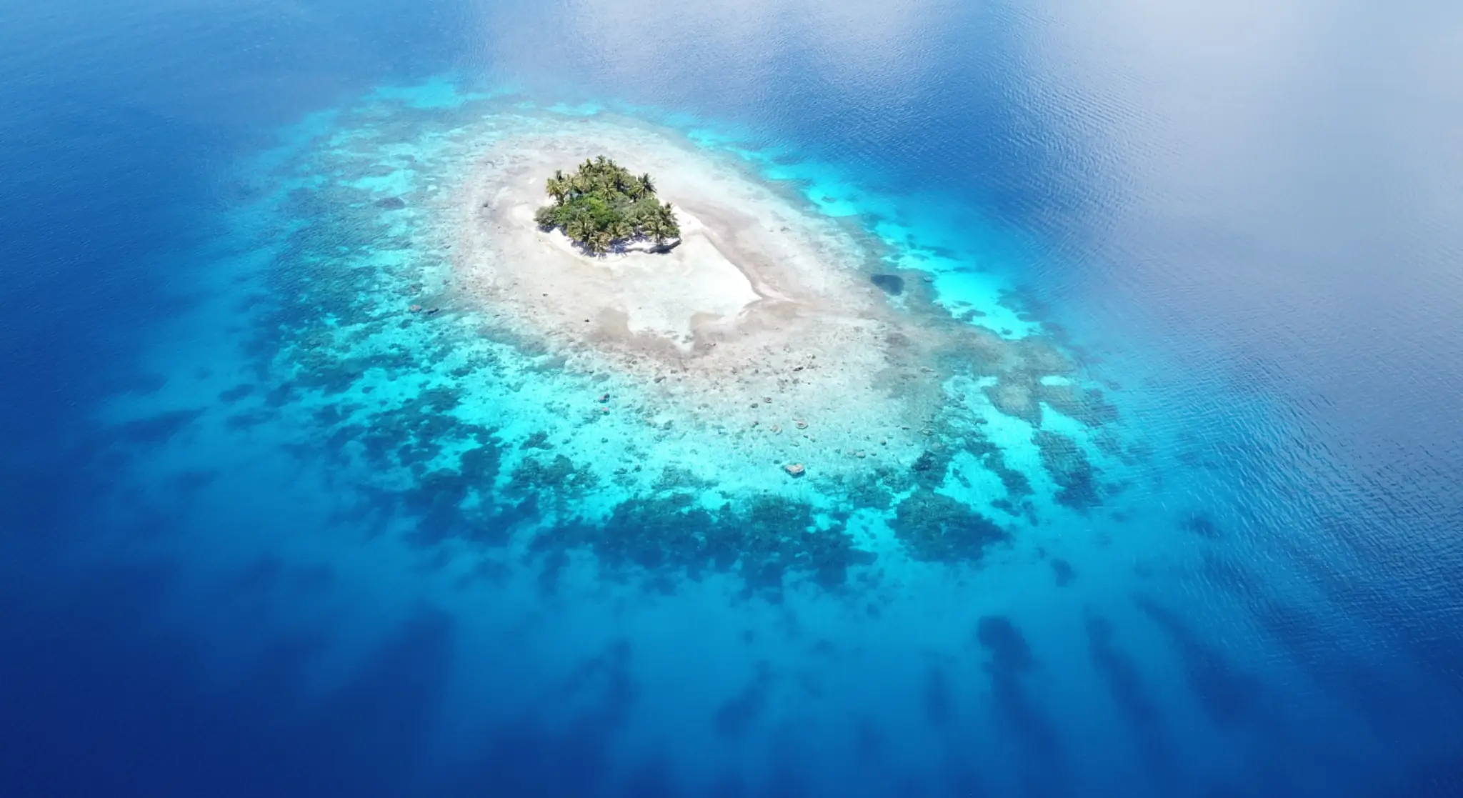 Aerial view of small tropical island surrounded by turquoise water and coral reef in the Arabian Gulf 