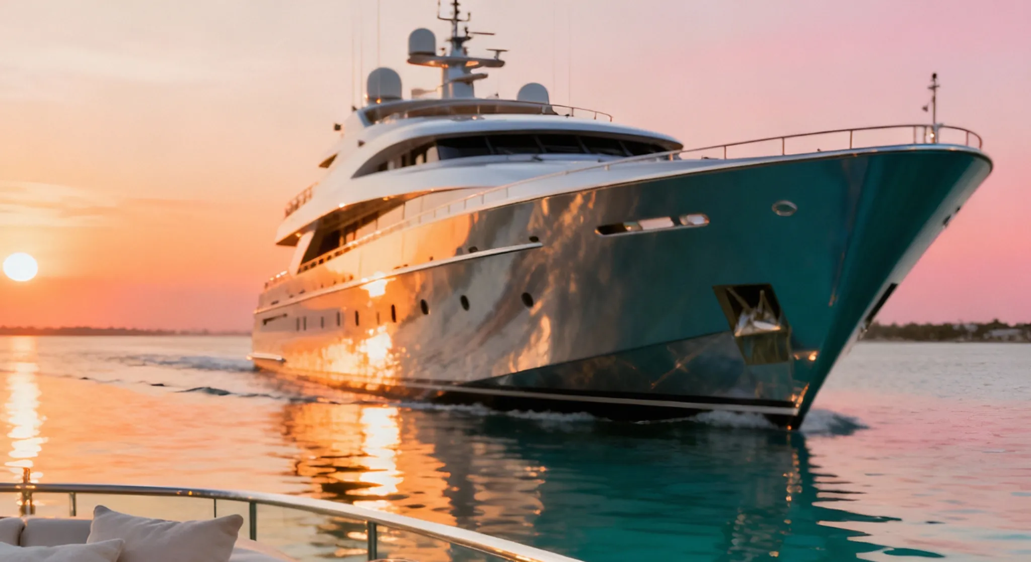 Luxury yacht sailing at sunset on calm sea during premium cruise experience