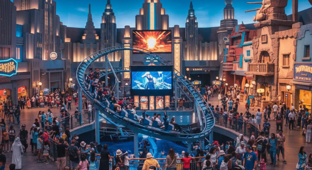 Indoor theme park ride with roller coaster and visitors at Yas Island Abu Dhabi entertainment complex