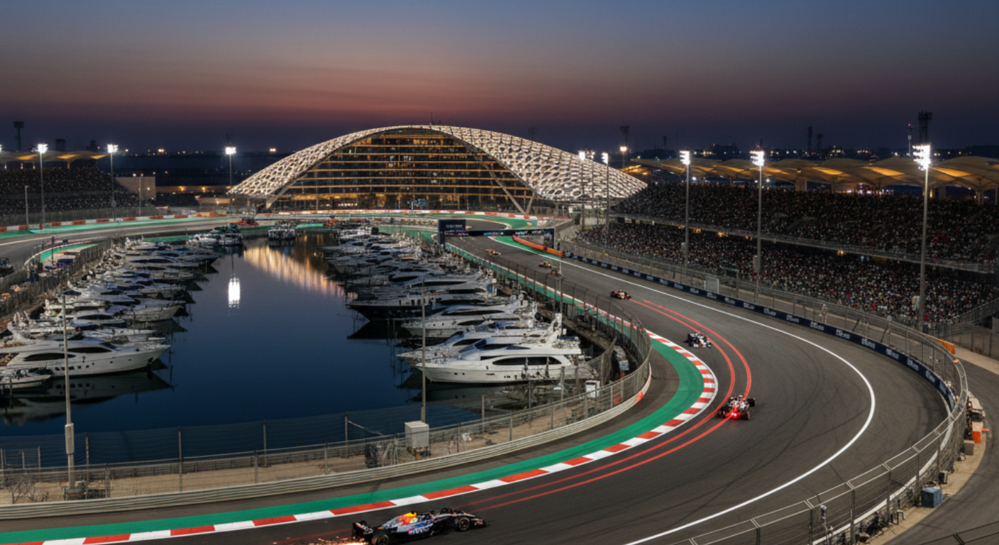Yas Marina Circuit Formula 1 track at sunset with luxury yachts and race cars in Abu Dhabi