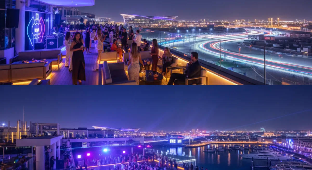 Rooftop nightlife at Yas Bay Abu Dhabi overlooking marina and city skyline at night