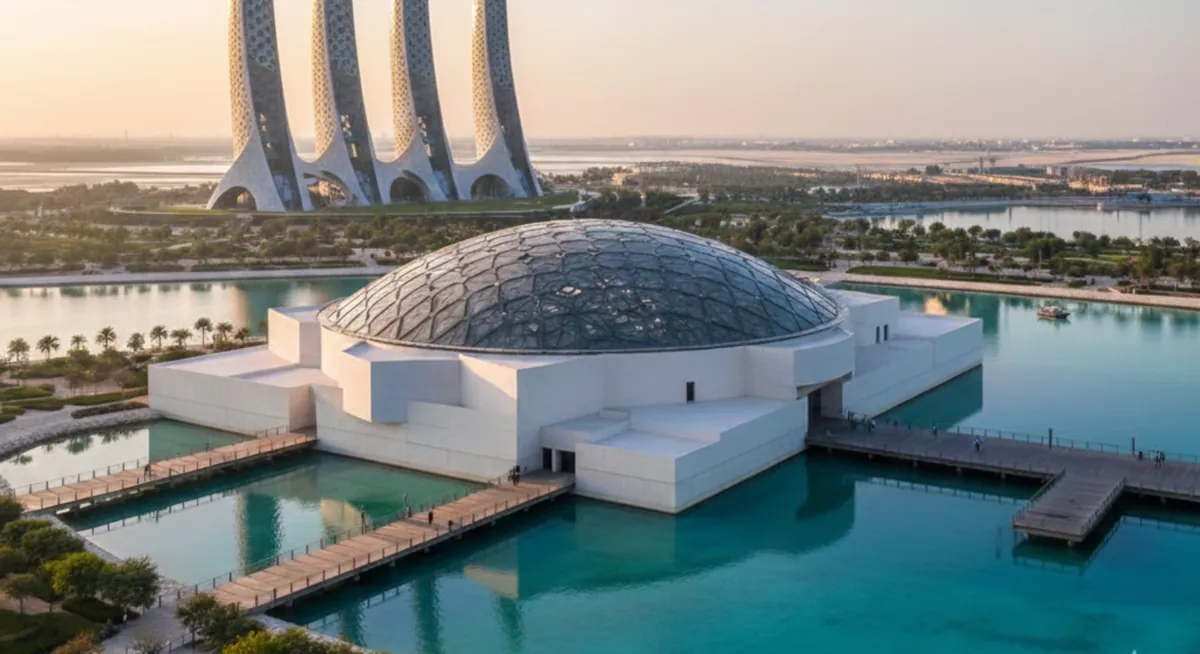 Louvre Abu Dhabi museum on Saadiyat Island with dome architecture and waterfront views.
