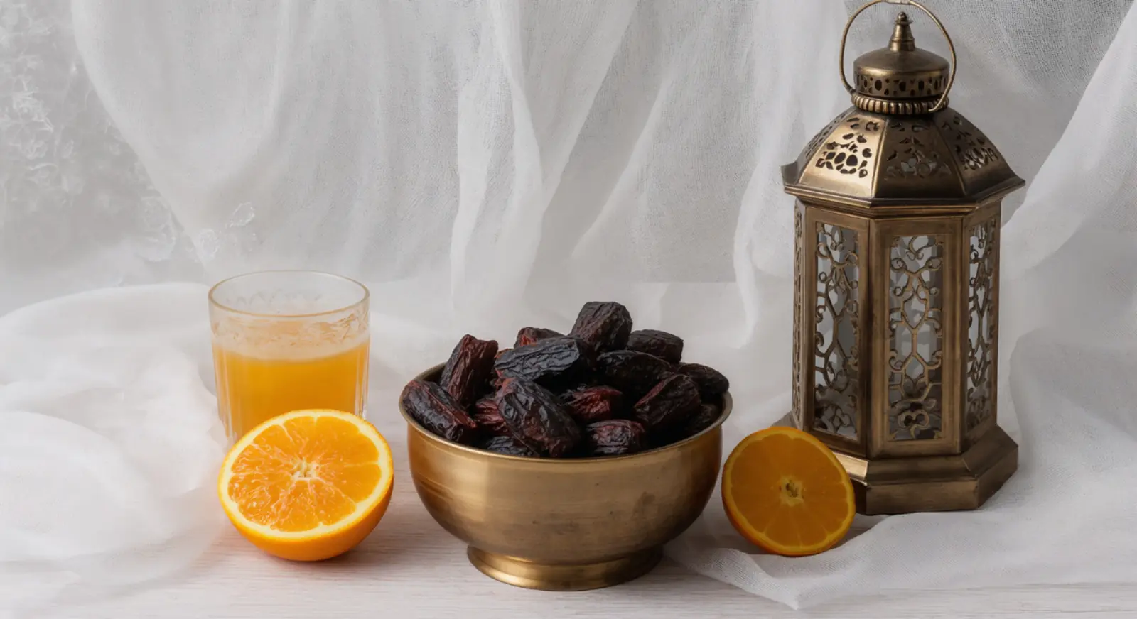 Traditional Ramadan setup with dates, fresh orange juice and decorative lantern”