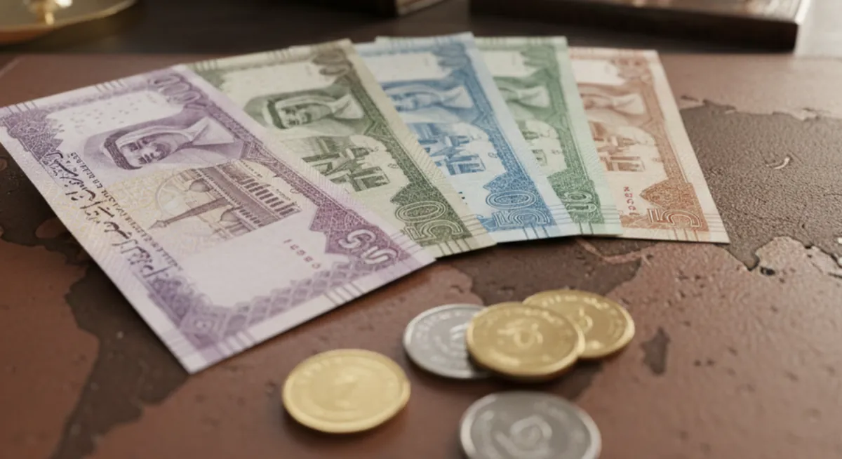 UAE currency notes and coins placed on table symbolising Dubai visa price and travel expenses.