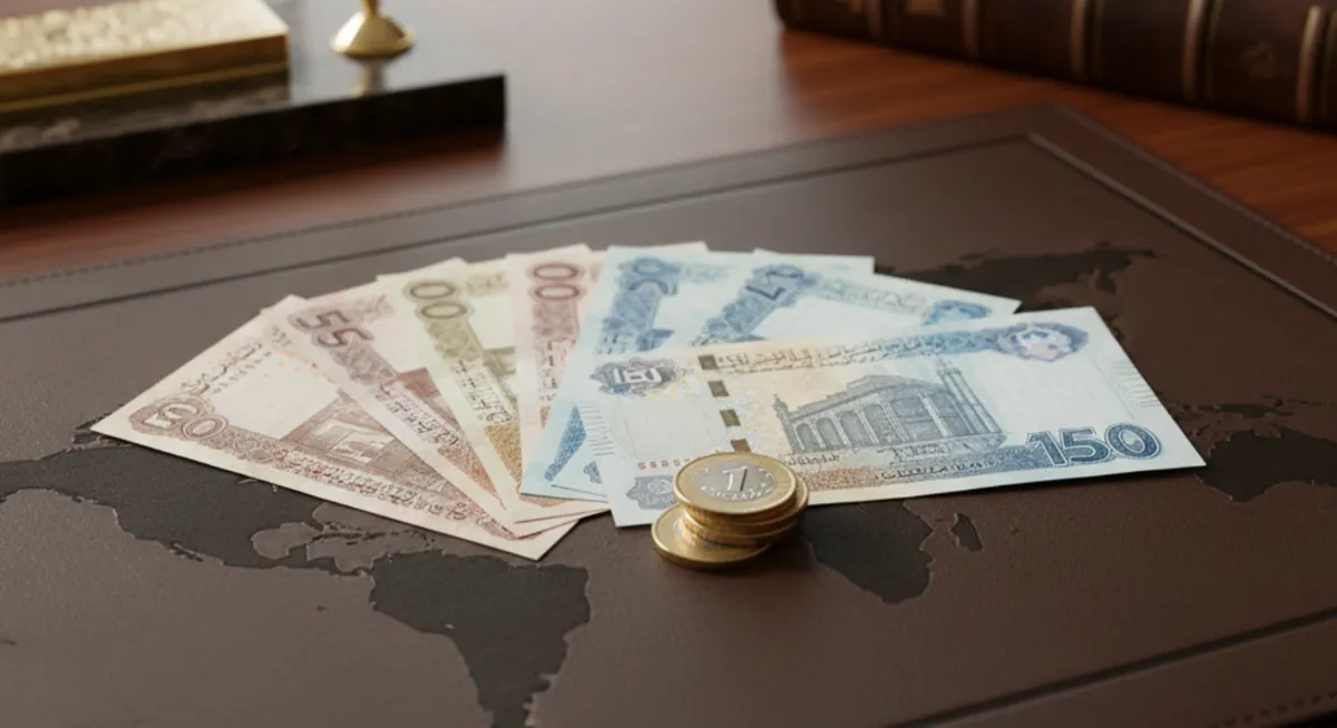 UAE dirham banknotes and coins on desk.