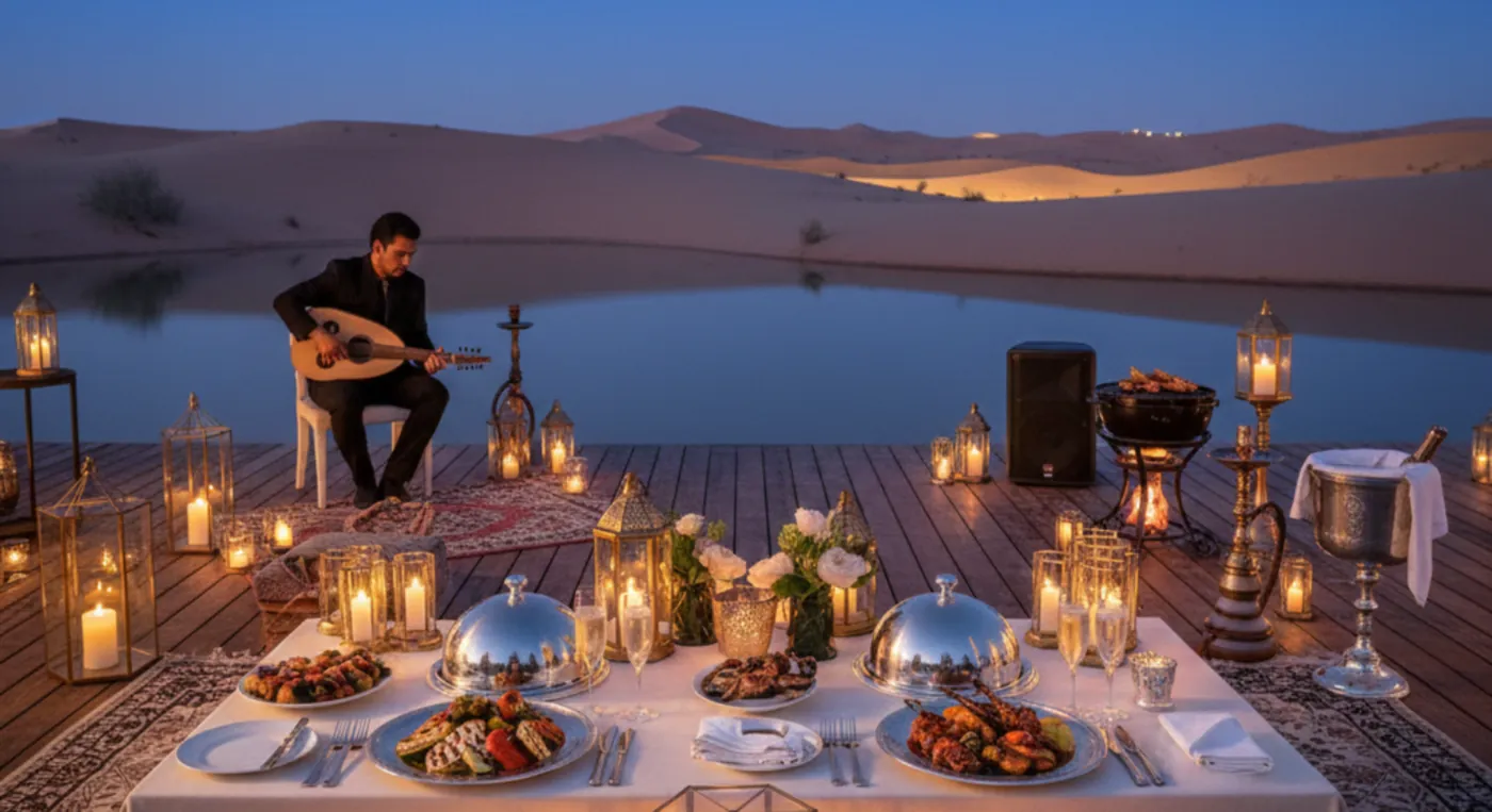 Private luxury desert dinner setup with live music and candlelight in UAE dunes.
