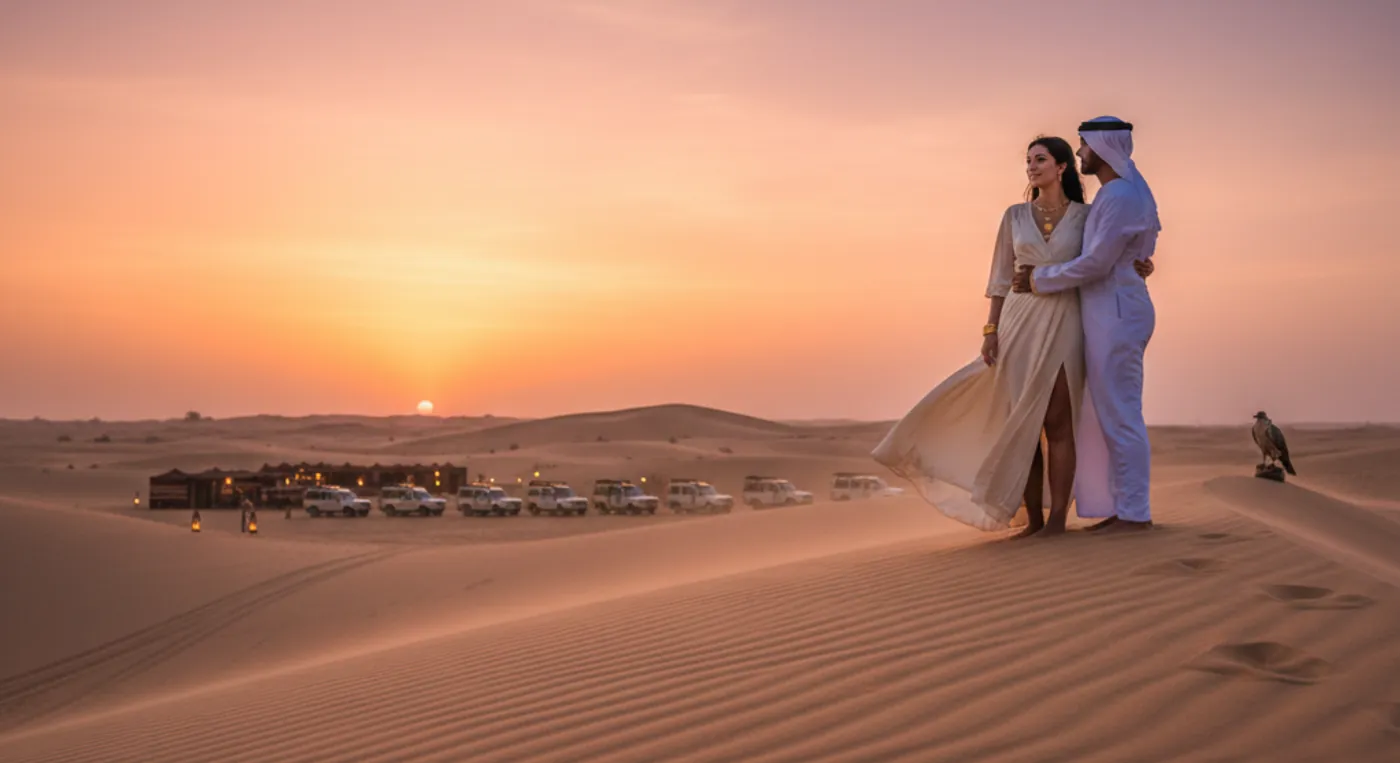 Couple enjoying romantic desert sunset safari experience in Dubai dunes.
