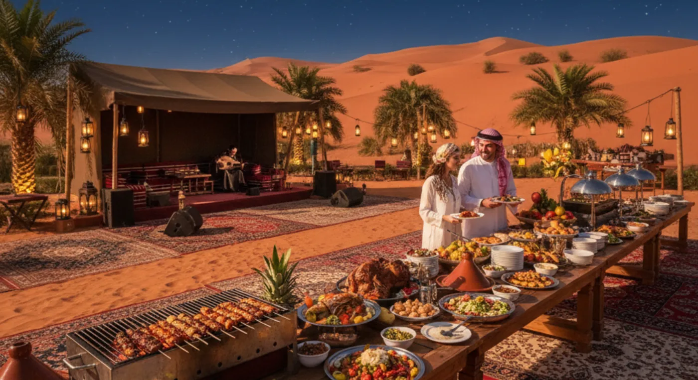 Luxury desert safari dinner buffet with live music and BBQ in UAE dunes.