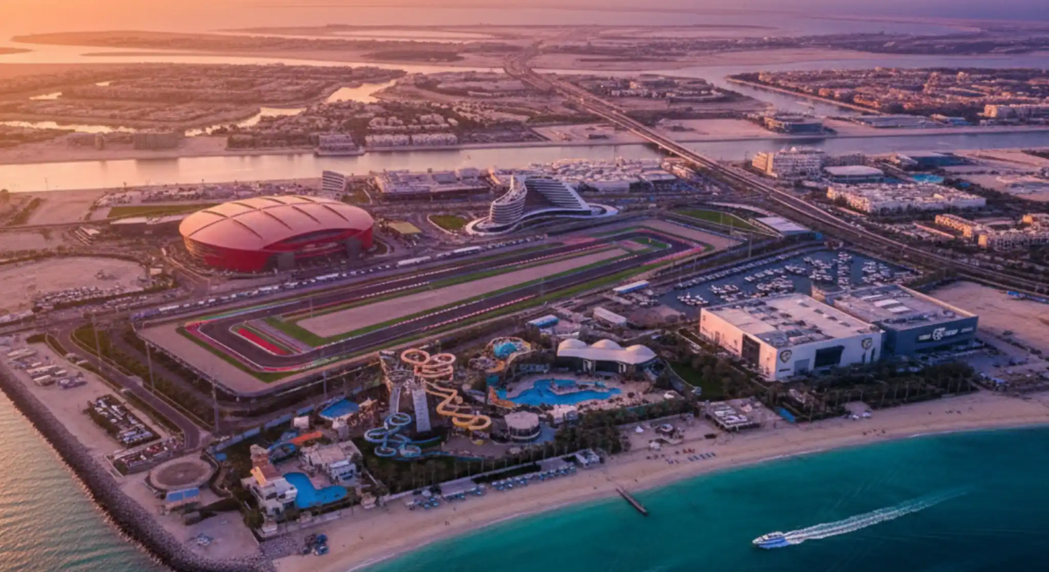 Luxury coastal desert resort with villas, beach and yacht at sunset.