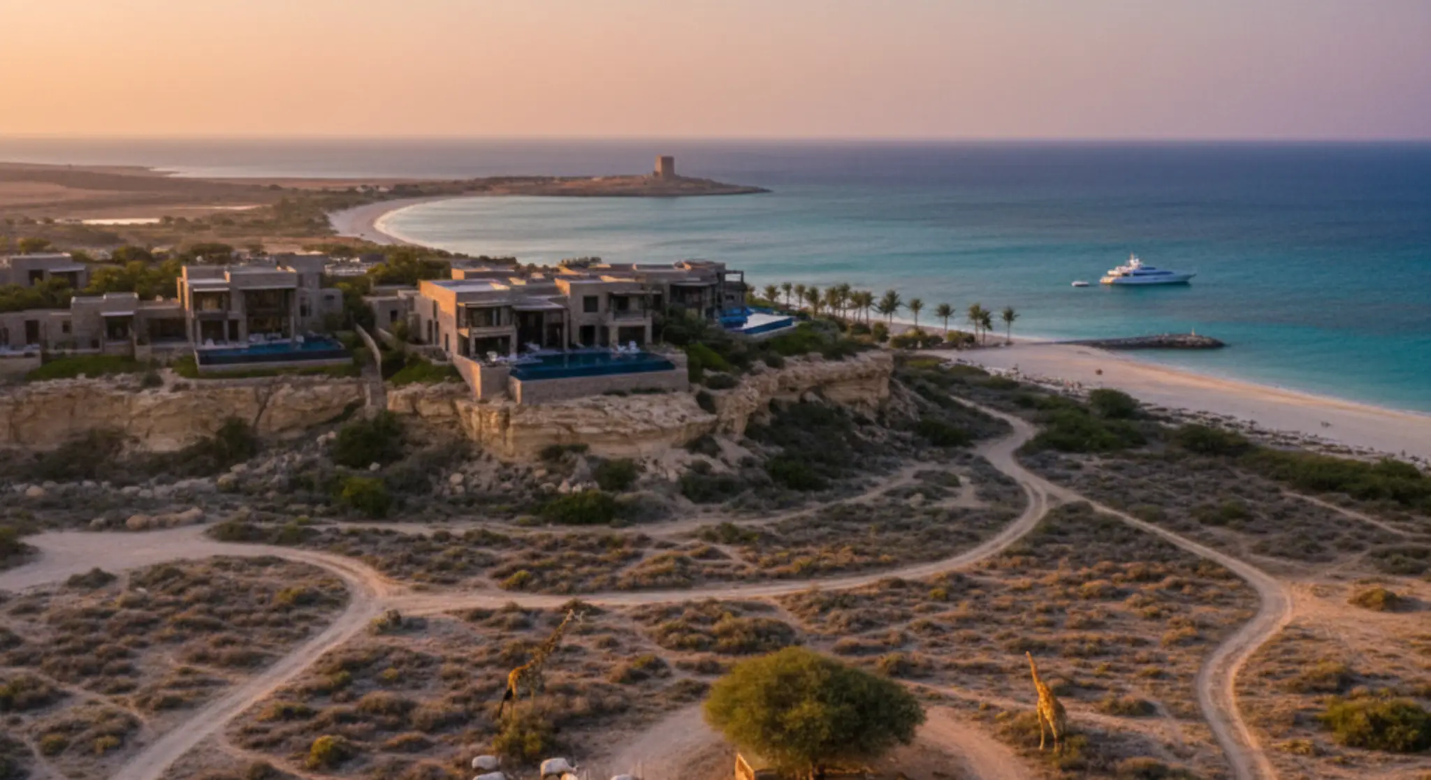 Traditional Arabian coastal village with boats and watchtower at sunset