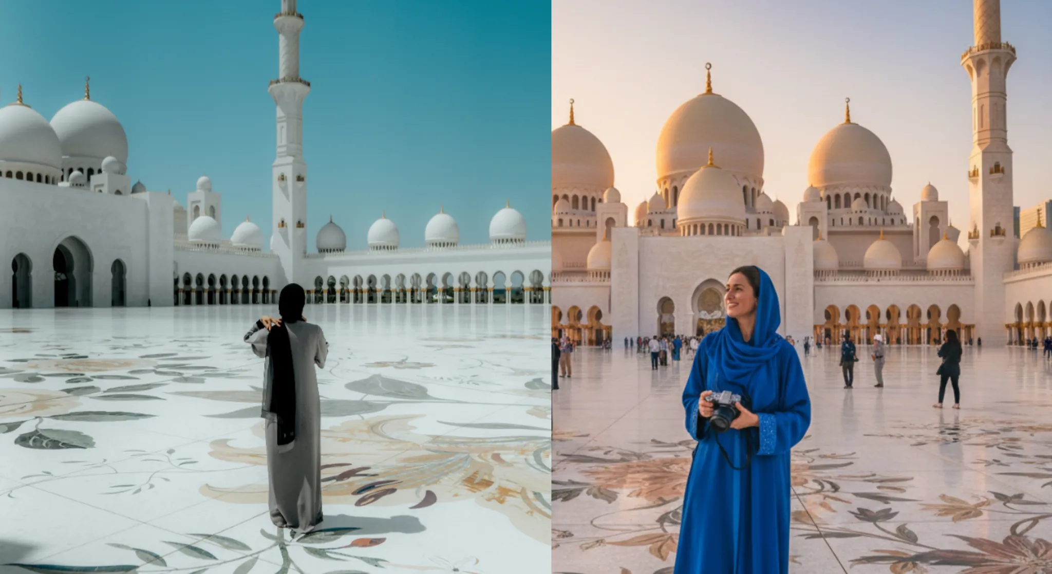 Visitors exploring Sheikh Zayed Grand Mosque Abu Dhabi courtyard during day and evening visit.
