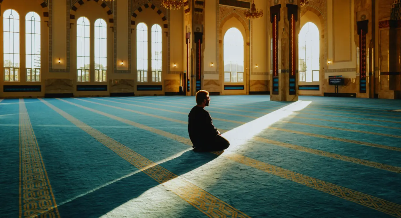 interior prayer hall of sheikh zayed grand mosque with worshipper and sunlight