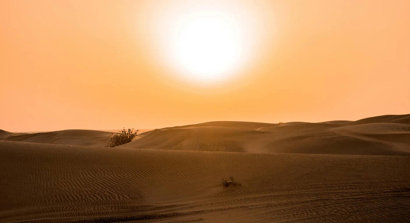 sunset over golden desert dunes with bright sun in desert horizon