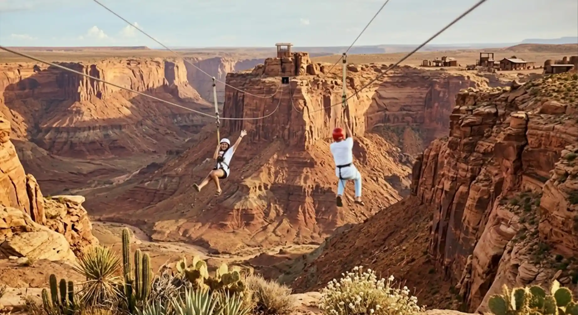 People ziplining across a canyon showing longest zipline adventure experience