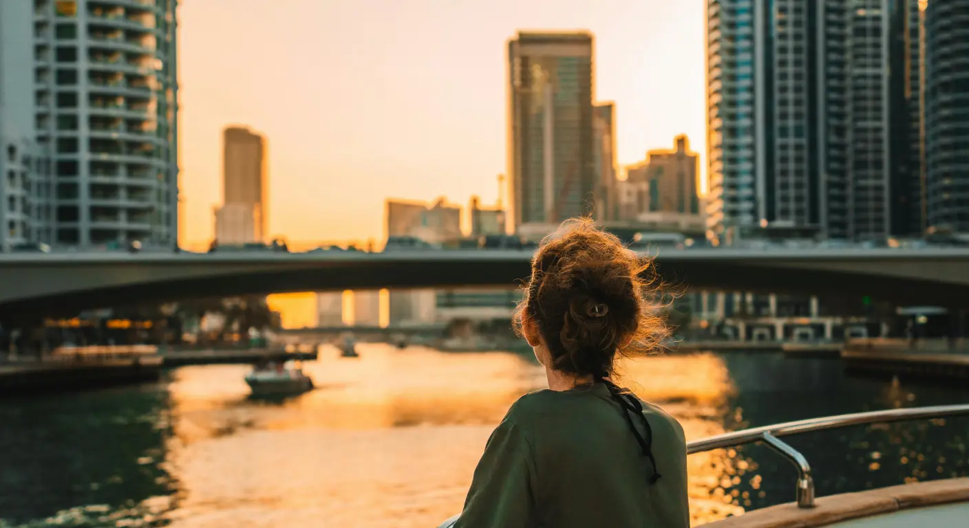 Tourist enjoying Dubai Marina waterfront view during sunset with city skyline