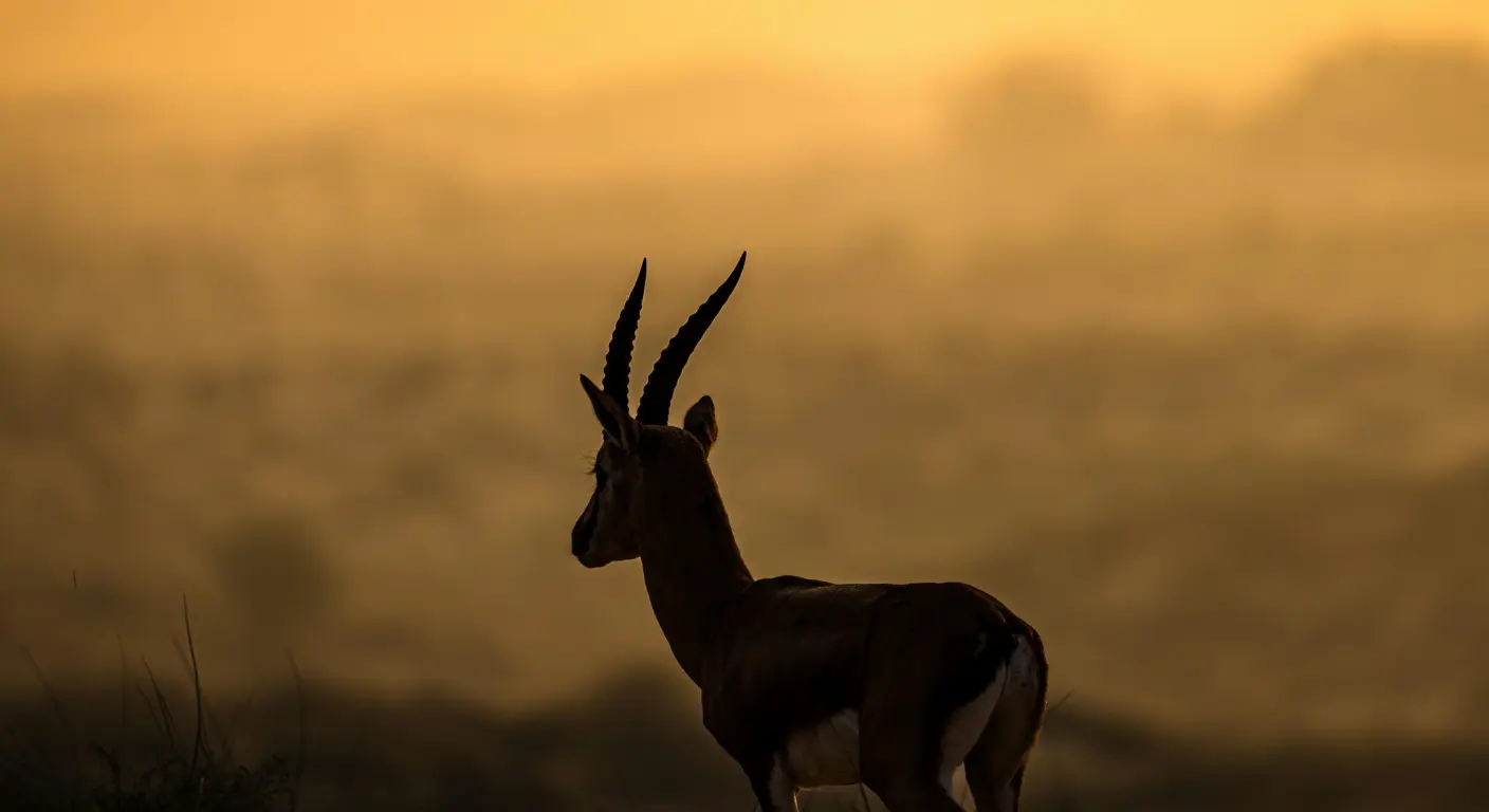 Arabian oryx silhouette at sunset in desert landscape UAE