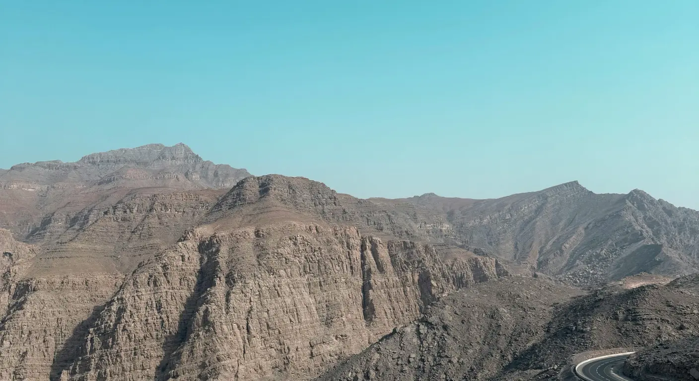 Jebel Jais mountain road with scenic rocky landscape in Ras Al Khaimah UAE
