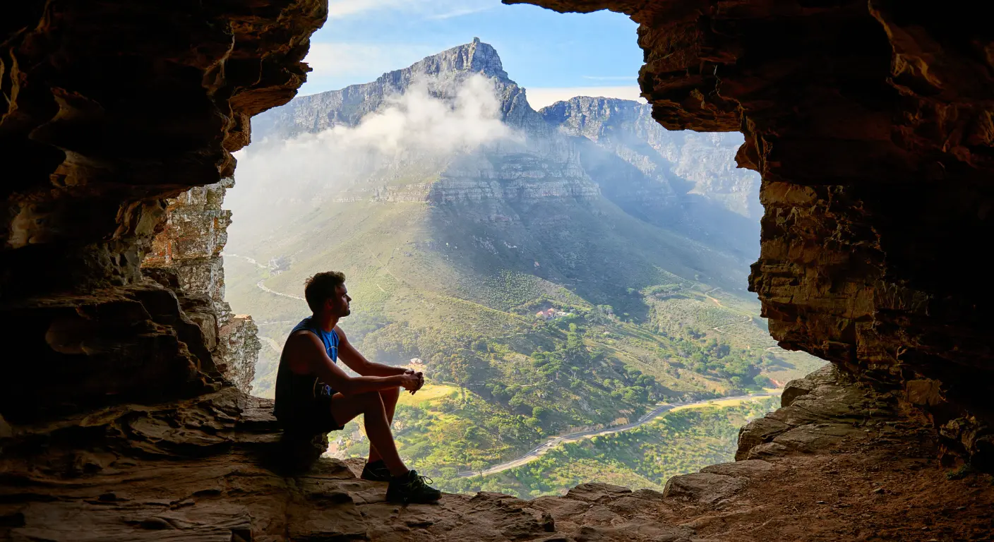 Traveller enjoying panoramic mountain view from cave during Musandam trip from Abu Dhabi