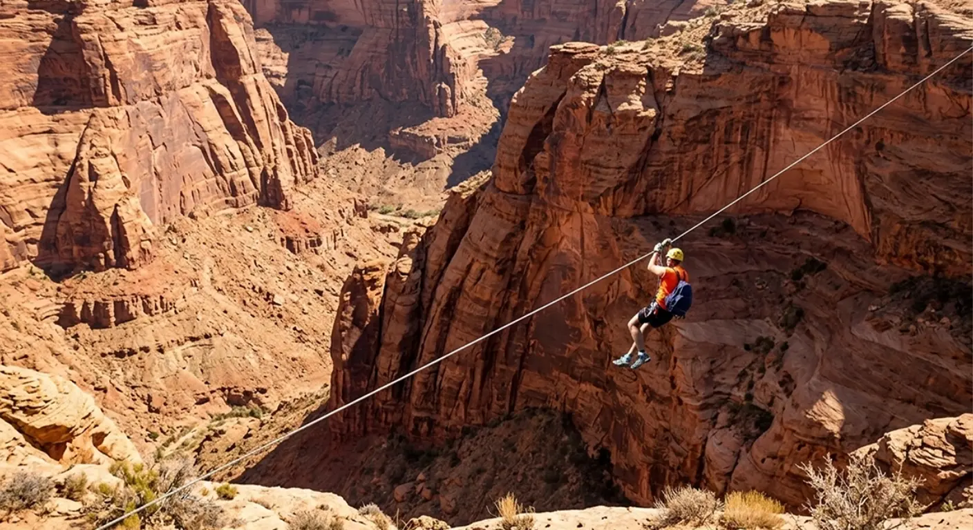 person ziplining across rocky canyon landscape during jebel jais zipline adventure