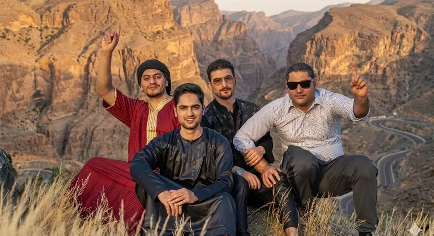 Group of travellers enjoying mountain viewpoint with winding road and rocky canyon backdrop in UAE