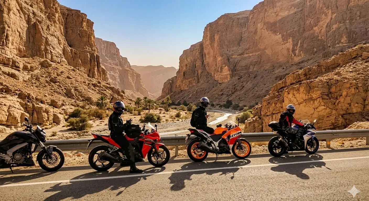 Motorbike riders exploring scenic mountain canyon road adventure in UAE desert landscape.