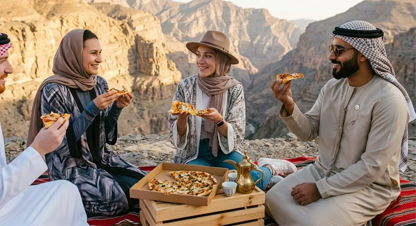 Tourists enjoying outdoor picnic with pizza in Jebel Jais mountains UAE scenic travel experience.