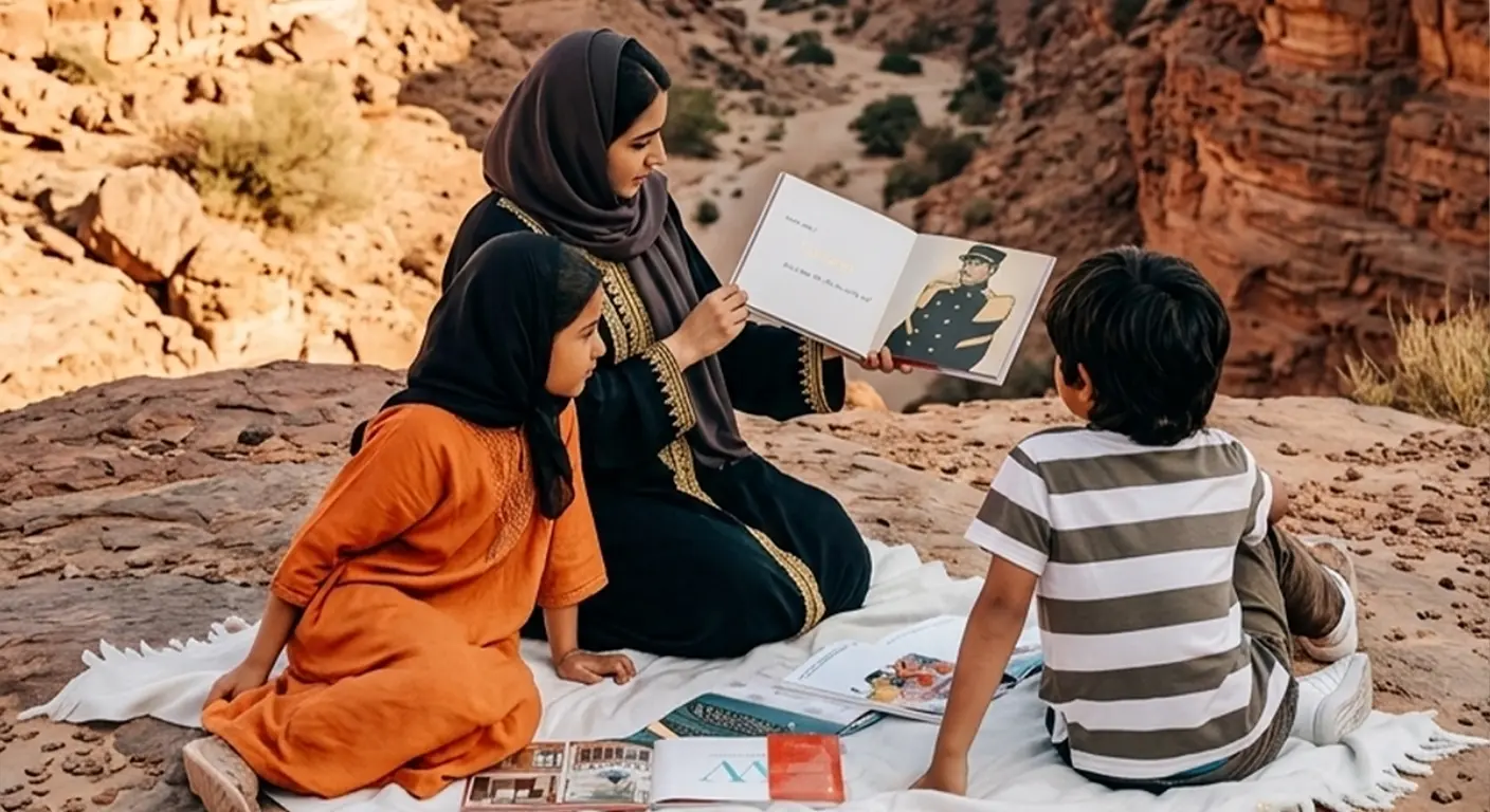 Arab family enjoying storytelling picnic in UAE mountain canyon landscape with children learning outdoors.