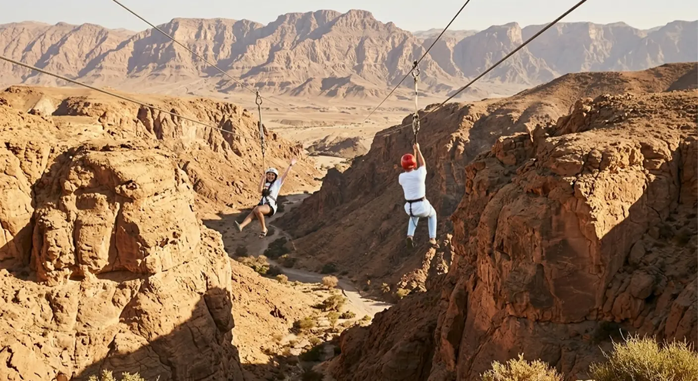 People riding Jais Flight zipline across Jebel Jais mountains UAE longest zipline experience scenic view.