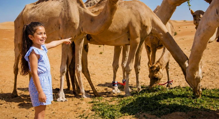 Young girl meeting camels during a family morning desert safari near Abu Dhabi