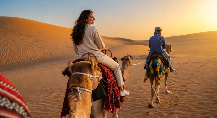 Family camel ride across the Abu Dhabi desert in the soft morning light