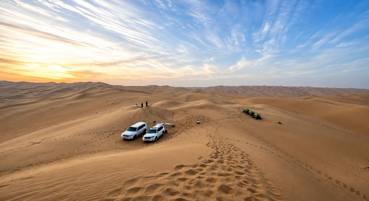 4x4 vehicles stopped among the open dunes near Abu Dhabi