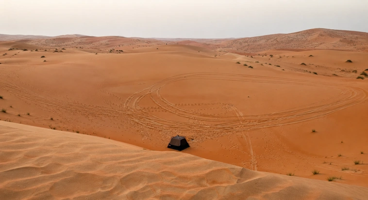Quiet desert camp area surrounded by dunes near Abu Dhabi