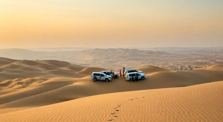 Self-drive safari vehicles stopped on the Al Khatim dunes near Abu Dhabi