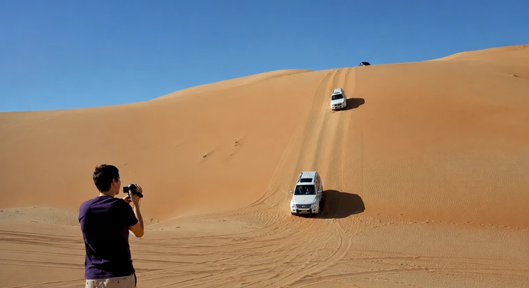 4x4 vehicles descending a steep dune during an Abu Dhabi desert safari