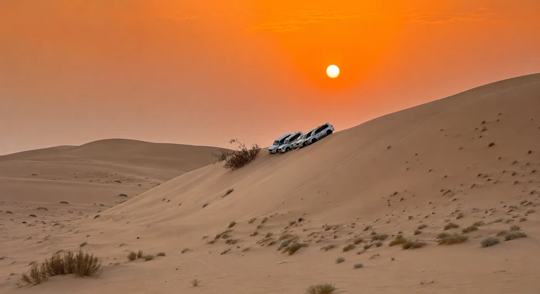 4x4 safari vehicles crossing the Abu Dhabi dunes during sunset