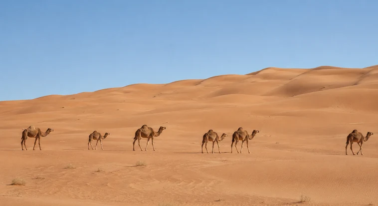 Camels walking across the Liwa desert near a traditional camel farm