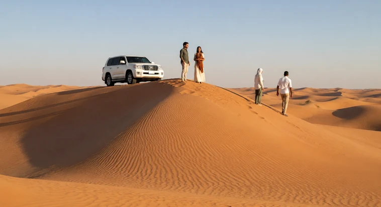 Family exploring a Liwa dune summit beside a private 4x4 during a guided desert safari