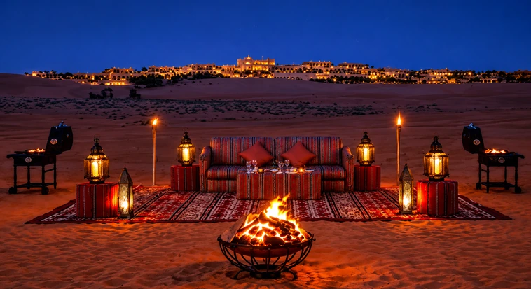 Private BBQ dinner at Qasr Al Sarab Desert Resort with the Empty Quarter dunes behind