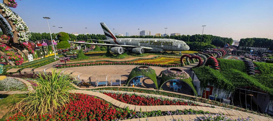 Emirates A380 floral display surrounded by colourful gardens at Dubai Miracle Garden